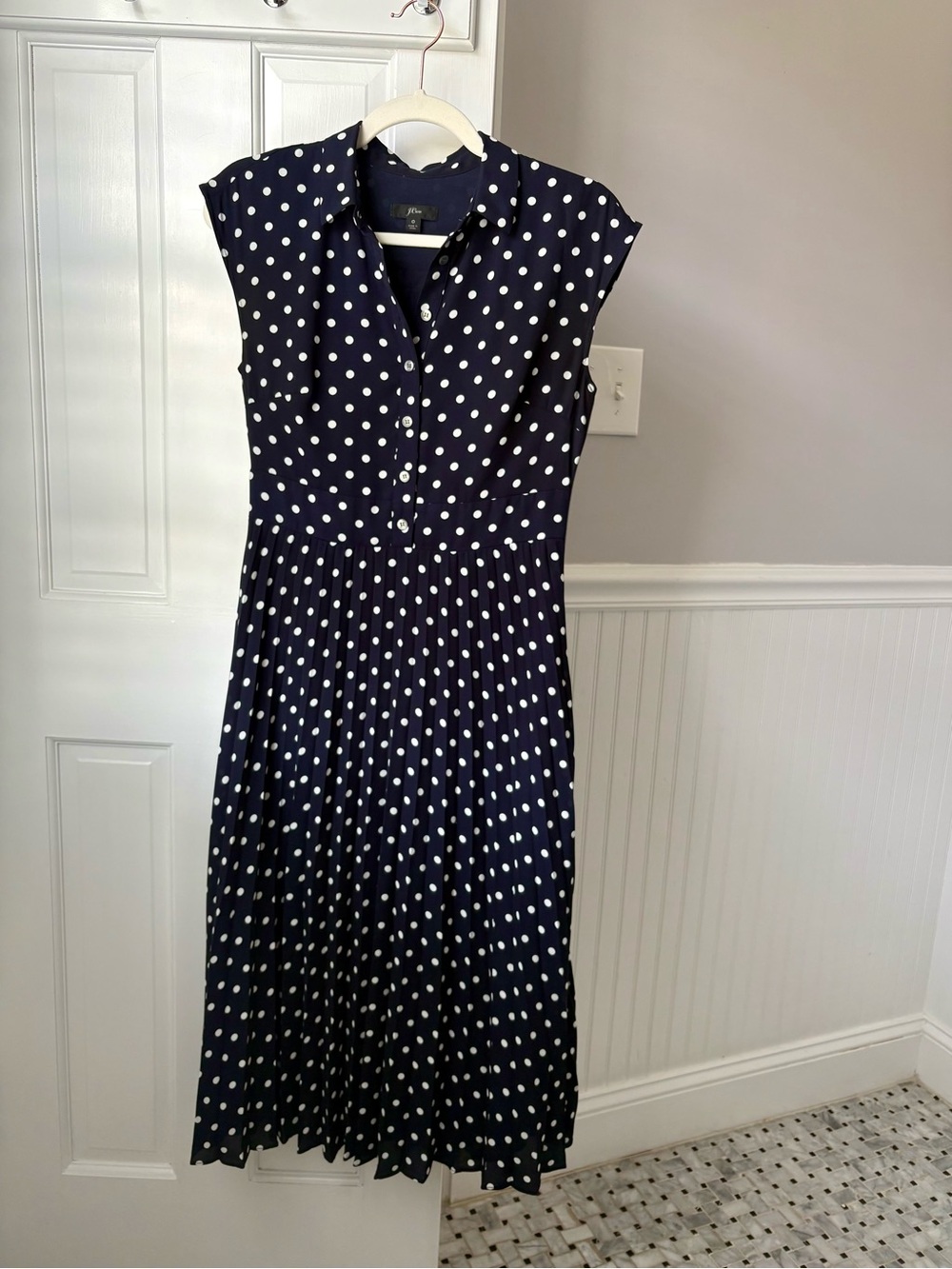 J. Crew Navy Polka Dot Pleated Midi Dress